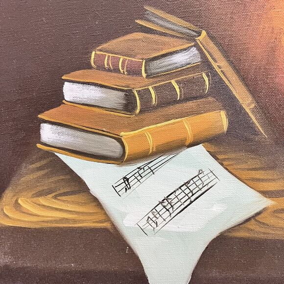 Vintage Still Life Oil Painting Signed "Cocker" - Books, Sheet Music, Apple - Picture 2 of 9